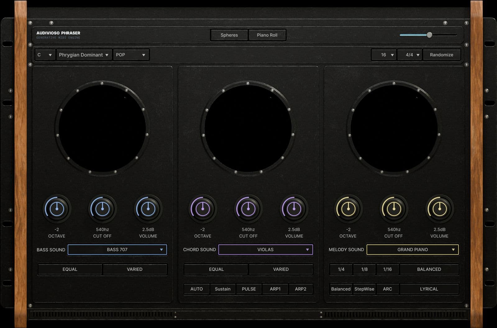 Phraser plugin interface showing the bass, chord and melody engines