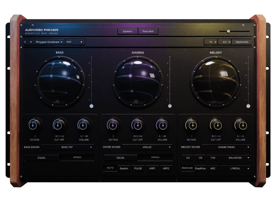 PHRASER plugin interface with bass, chords and melody controls